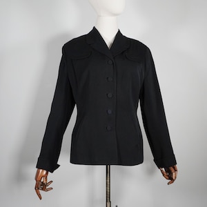 Late 1940s Black Tailored Women&#39;s Suit Jacket Gabardine - 40s Forties True Vintage Ladies Fashion Medium 16.5&quot; Waist