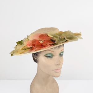 1950s Straw Sun Hat with Colorful Floral Accents Bow Saucer Style Cocktail - Fifties Ladies Accessory 50s Hat