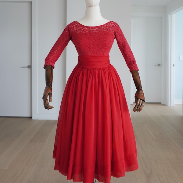 PETITE 1950s RED Chiffon Cocktail Evening Party Event Dress - True Vintage 50s Fifties Fashion - Extra Small - Small - New Look Inspired VTG