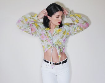 1960s Floral Bouquet Sheer Dramtic Sleeves Blouse Top Shirt Vintage Colorful Front Tie- Sixties 60s True Vintage Style VTG AS IS