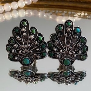 REAL VINTAGE Turquoise stone accented Silver Art Deco Fan Design Clip On Earrings VTG 800 silver 1920s / 1930s Antique