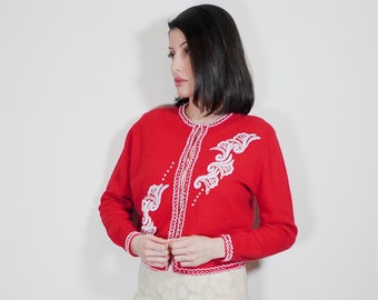 SMALL 1950s Embellished Beaded Red Cardigan Jumper Sweater  - VTG Fifties 50s True Vintage Fashion