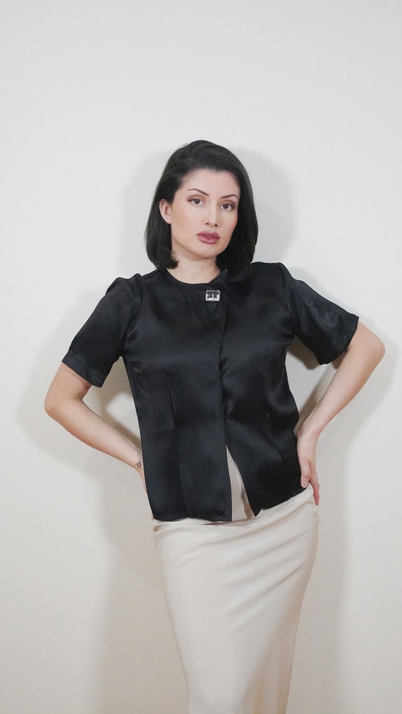 Lustrous 1930s Black Rayon Satin Blouse with Luci… - image 3