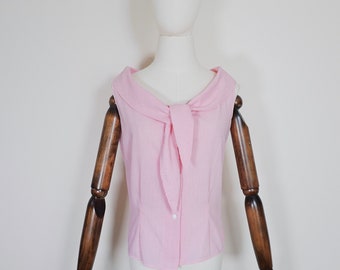 1950s Gingham Pink and White Blouse with Cowl Neck Tie Collar Accent - 50s 60s Vintage Pin Up Style VTG