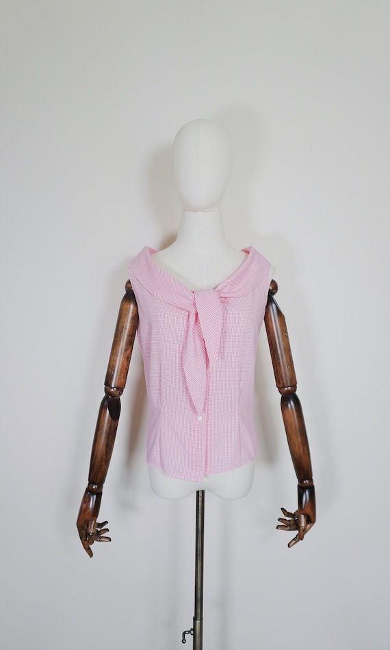 1950s Gingham Pink and White Blouse with Cowl Neck