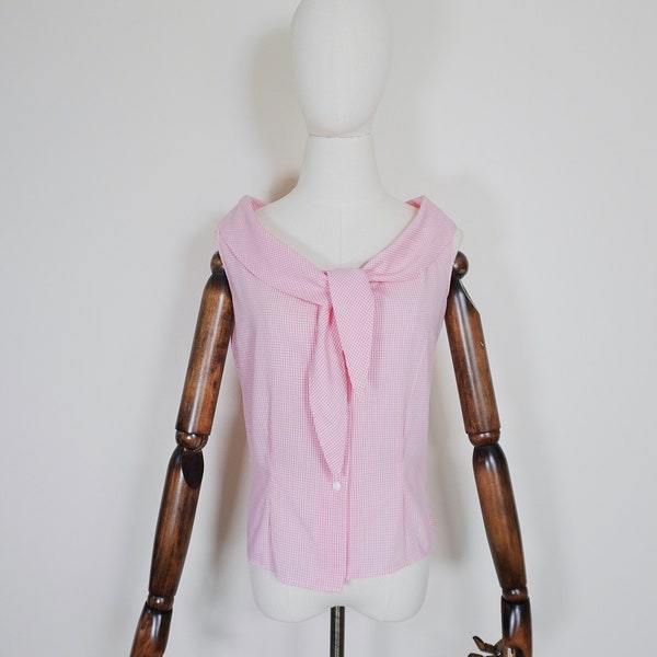 1950s Gingham Pink and White Blouse with Cowl Neck Tie Collar Accent - 50s 60s Vintage Pin Up Style VTG