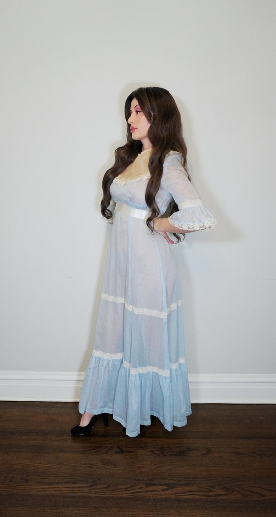 Dreamy Lace and Sheer Late 1960s/ 1970s Blue Maxi 