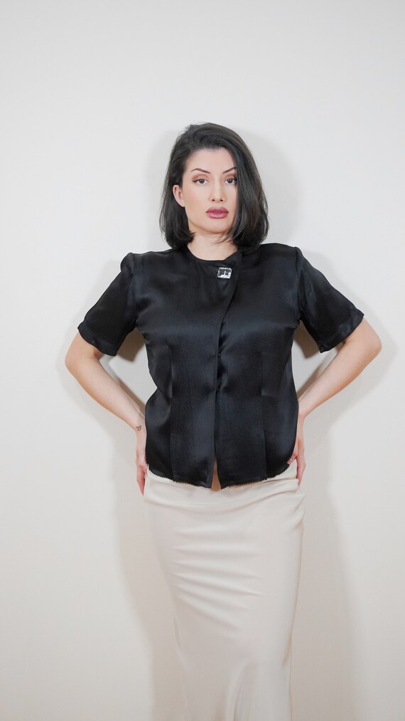 Lustrous 1930s Black Rayon Satin Blouse with Luci… - image 9