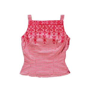 PETITE 1950s Peasant Stitch Gingham Blouse Tank Top Sleeveless Shirt Vintage  - Fifties 50s True Vintage Style VTG