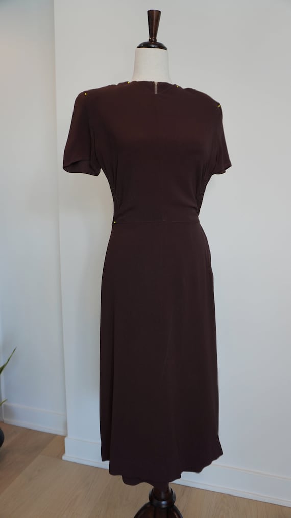 LATE 1930s Chocolate Brown Rayon Crepe Dress with… - image 4