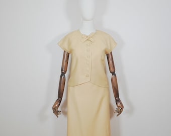 MEDIUM 1950s Chartreuse Yellow Button Down Jacket with Bow Accent and Pencil Skirt Spring Suit Set  - VTG Fifties 50s True Vintage Fashion