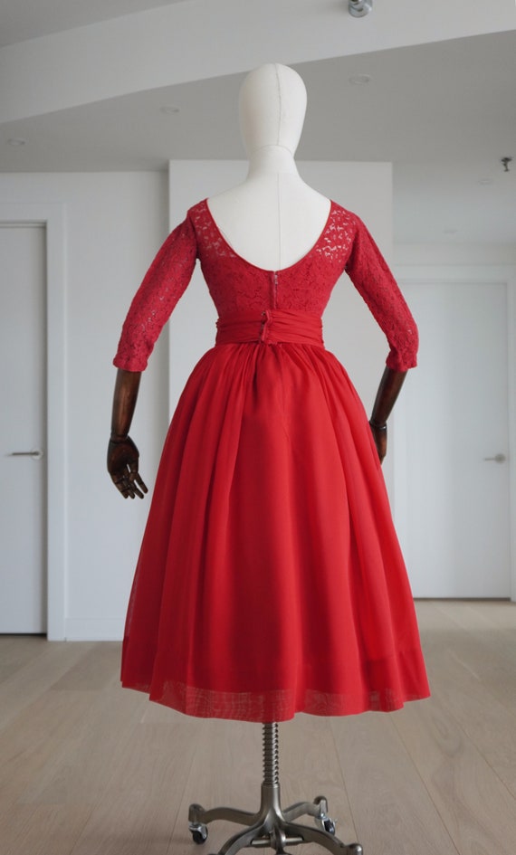 PETITE 1950s RED Chiffon Cocktail Evening Party E… - image 2