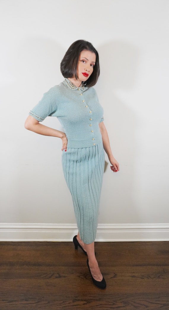 Spectacular 1950s Wool Light Blue Embellished Col… - image 1