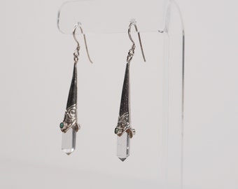 Turquoise Natural Clear Quartz Handmade Bohemian Festival Wear Style Silver Cone Drop Dangling Earrings with Stone  - Vintage Jewelry