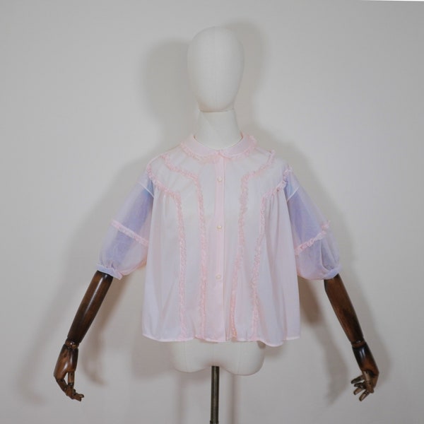 Light Pink Sheer Negligee Button Down Top Blouse Soft Undergarment MEDIUM 1950s 1960s 50s 60s