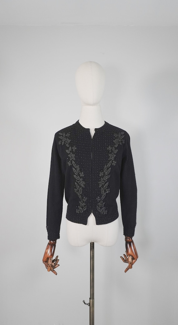 SMALL 1950s Embellished Beaded Black Cardigan Jump