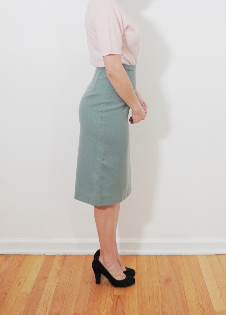 Small Blue 1950s High Waist 100 % Soft Wool VINTAGE Pencil Skirt Pin Up Style image 3
