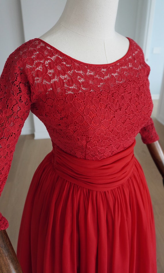 PETITE 1950s RED Chiffon Cocktail Evening Party E… - image 5