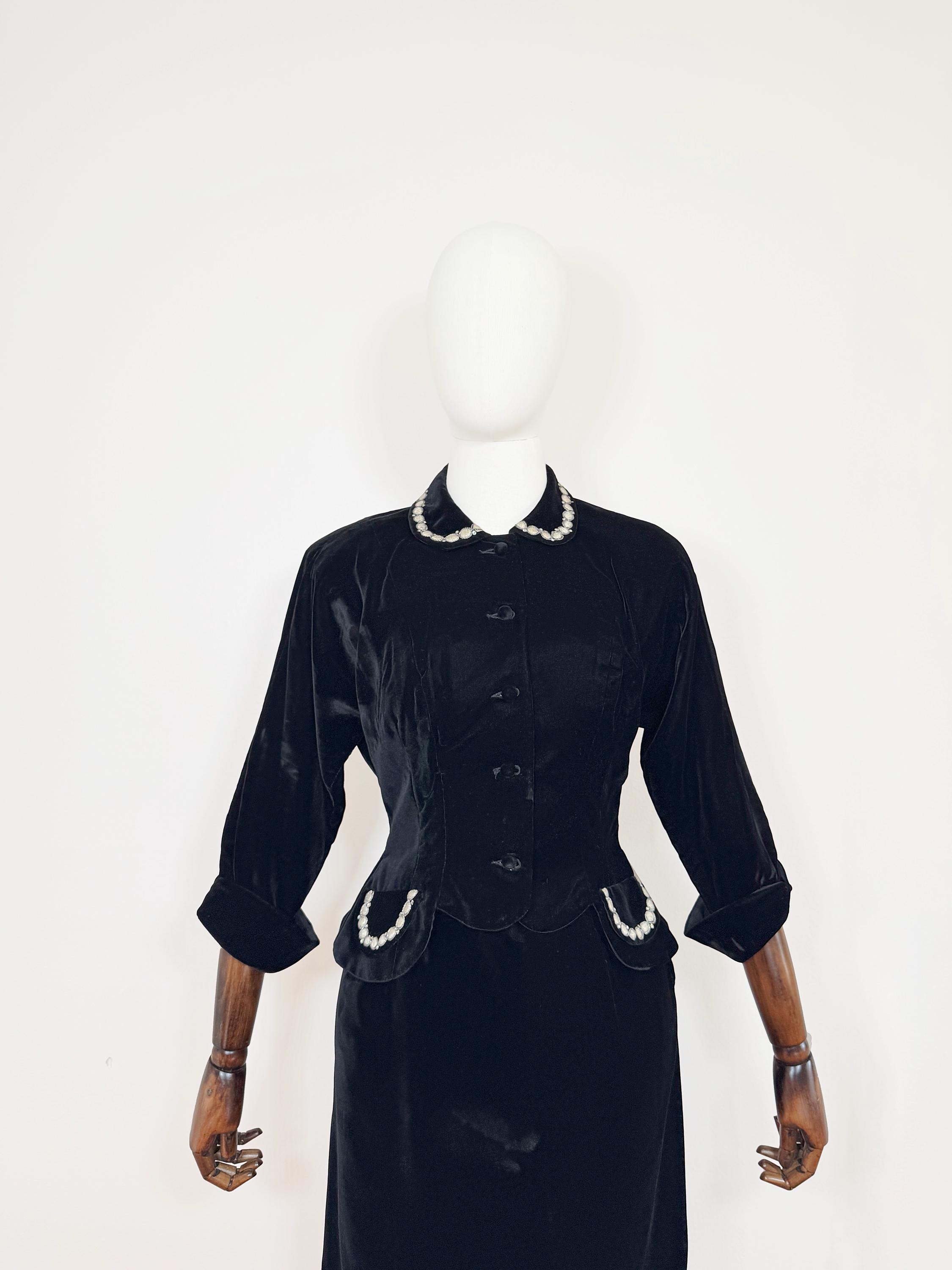 VELVET Late 1940s / 1950s Suit Tailored Scalloped Jacket with Skirt Rhinestone Accents Set Pencil Skirt Set Forties 40s 50s True Vintage VTG