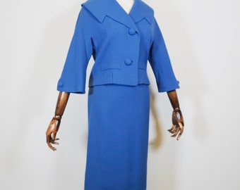 Early 1960s / 1950s Cobalt Blue Tailored Jacket with LARGE Buttons Suit Pencil Skirt Set MID Century MOD Fifties Sixties True Vintage Vtg