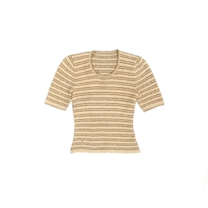 May include: A short-sleeved, beige knit top with horizontal brown stripes. The top has a scoop neckline and a fitted silhouette. The fabric appears to have a textured, ribbed design. The garment is isolated on a white background.
