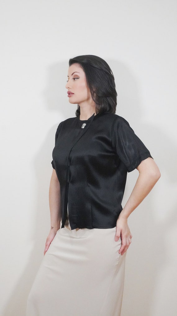 Lustrous 1930s Black Rayon Satin Blouse with Luci… - image 4