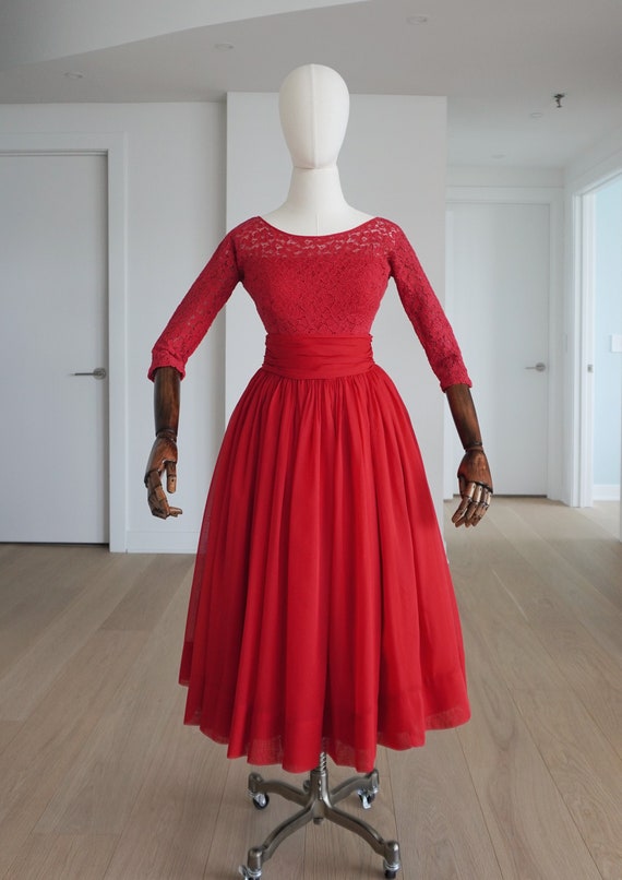 PETITE 1950s RED Chiffon Cocktail Evening Party E… - image 1