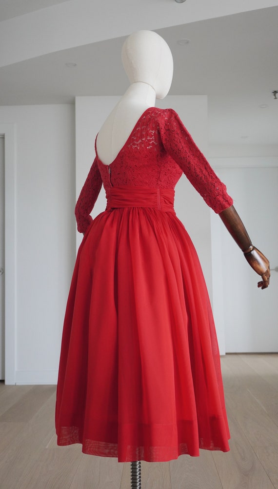 PETITE 1950s RED Chiffon Cocktail Evening Party E… - image 3