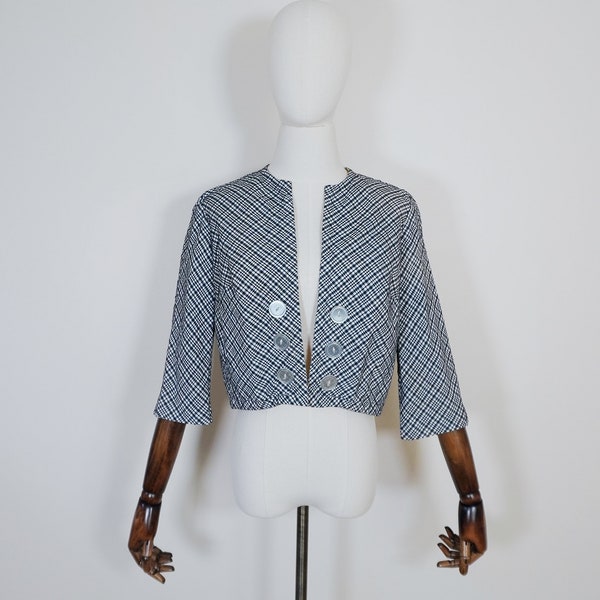 Late 1940s White and Blue Plaid Bolero Jacket w/ Large Faux Button Accent Detail - Ladies 40s Forties True Vintage Ladies Fashion