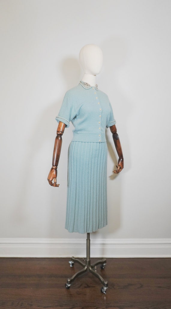 Spectacular 1950s Wool Light Blue Embellished Col… - image 4