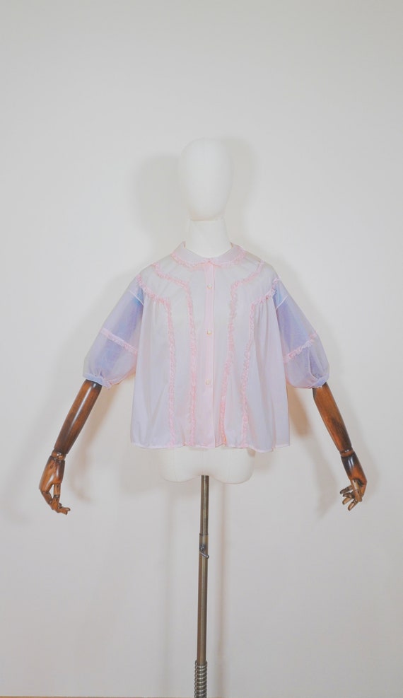 Light Pink Sheer Negligee Button Down Top Blouse … - image 4