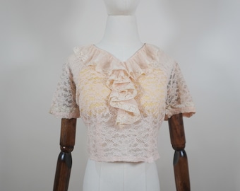 1950s Powder Pink Floral Lace See Through Blouse - True Vintage 1950s Fifties Top - 50s VTG