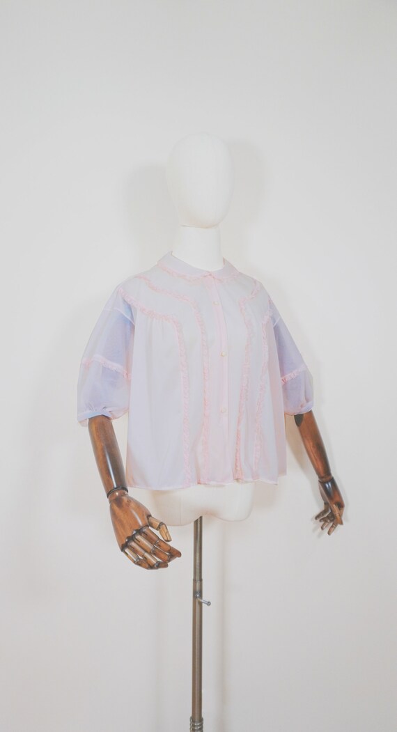 Light Pink Sheer Negligee Button Down Top Blouse … - image 5