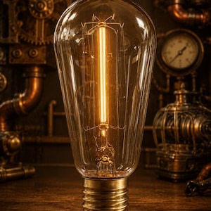 Op de afbeelding: Een heldere glazen Edison-stijl gloeilamp met een zichtbare verticale gloeidraad en een messingkleurige metalen schroeffitting. De lamp heeft een druppelvorm en verspreidt een warm, amberkleurig licht vanuit de centrale gloeidraad.