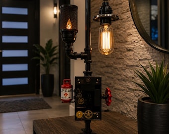 Stor steampunk industriell rörlampa, handgjord statement, industriell Edison skrivbordslampa, rustik lantlig inredning, vintage metall