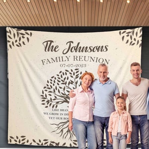 Decoración para reuniones familiares, Nuestras raíces permanecen como un solo telón de fondo, Banner de árbol personalizado, Reunión familiar, Reunión de hermanos y primos