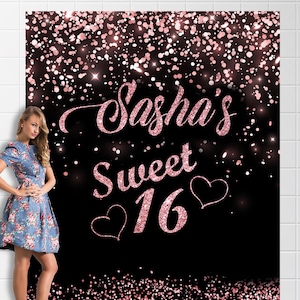 Süße 16 Geburtstag Hintergrund, Rosegold Sweet Sixteen Banner, 16. Geburtstag Party Dekor, Happy 16.