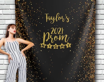 Custom Prom Backdrop, Prom Decorations, Senior Prom Black Gold Glitter Party Decor, Graduation Banner, College Grad Decoration 2023, Senior