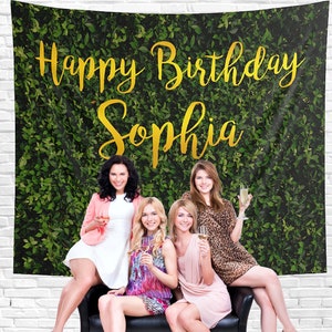Happy Birthday Sign Backdrop Personalized Birthday Party Backdrop Artificial Grass Wall Backdrop with Gold Letters Hedge Wall Backdrop