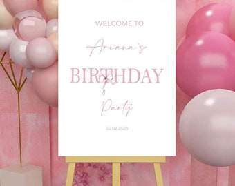 Printed Birthday Sign Blush Coquette Bow Welcome Poster Custom Pink Ribbon Foamboard Party Sign Welcome Personalized Simple Birthday Decor