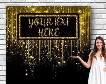Custom Black Gold GlitterBanner Birthday Party Backdrop Wedding Photo Booth Bridal Shower Decor Personalized Event Background 01DS05