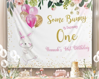 Bunny Birthday Backdrop Bunny 1st Birthday Banner Pink Gold Bunny Banner Baby Girl First Birthday Backdrop Spring Floral Bunny Backdrop