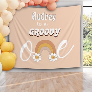 Toile de fond groovy un anniversaire, décoration hippie premier anniversaire, bannière de chaise haute Daisy rétro, personnalisé arc-en-ciel des années 70 ambiance 1er anniversaire photomaton