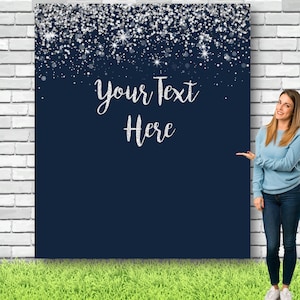 Blue Silver Glitter Custom Birthday Backdrop, Custom Party Banner, Wedding Backdrop, Party, Blue Silver Backdrop, Grad Photo Booth  1WBNB2
