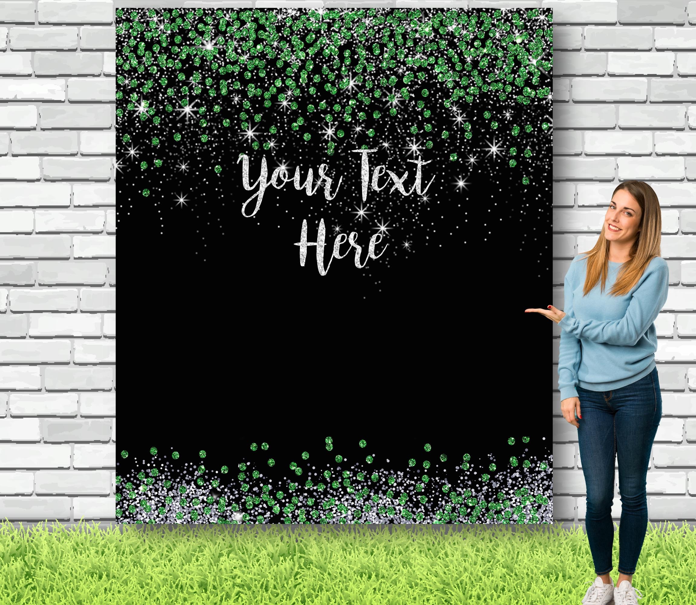 Personalized Glitter Green Christmas Party Backdrop