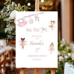 Cartel de bienvenida de cumpleaños con tutú de bailarina impreso, bonito lazo de coqueta ruborizado para niña, cartón pluma, póster personalizado de papel para segundo cumpleaños de 2 años