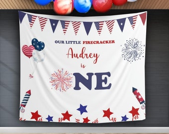 4th of July Decor First Birthday Backdrop Firecracker Blue Red Fourth of July Birthday One Year Old Stars Stripe Banner Independence Party