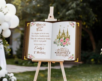 Dekoracja na pierwsze urodziny księżniczki Tabliczka powitalna na pierwsze urodziny Dawno, dawno temu Plakat z nadrukiem na imprezę rocznicową Książka z bajkami Zamek z kwiatów Płyta piankowa