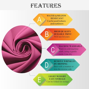 May include: A close-up of a vibrant fuchsia fabric with the word "FEATURES" at the top. The image highlights the fabric's key features: water and mildew resistance, high-quality durable print, machine washable, wrinkle removal by ironing, and lightweight, easy storage.