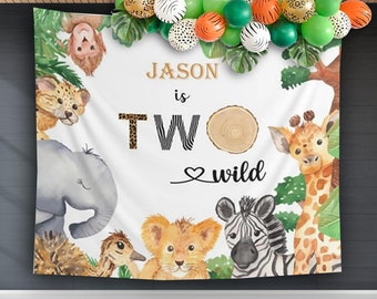 Deux toile de fond d'anniversaire de la jungle sauvage Safari deuxième bannière de fête d'anniversaire Né pour être sauvage toile de fond personnalisée garçon animaux décoration thème fond de zoo